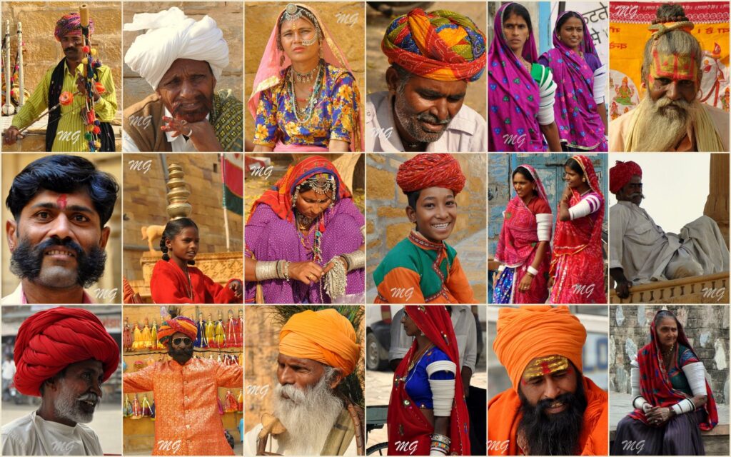 This image collage showcases the vibrant culture and diverse people of Rajasthan, India, dressed in traditional attire including colorful turbans, jewelry, and ethnic clothing. From rural villagers to cultural performers, the visuals highlight the rich heritage, lifestyle, and traditions of Rajasthan. Such authentic experiences are a key attraction for travelers exploring cultural tours and heritage journeys in India.