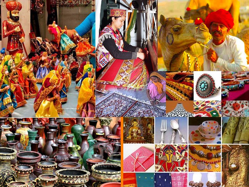 Traditional Indian handicrafts, textiles, pottery, jewelry, puppets, and cultural artisans collage