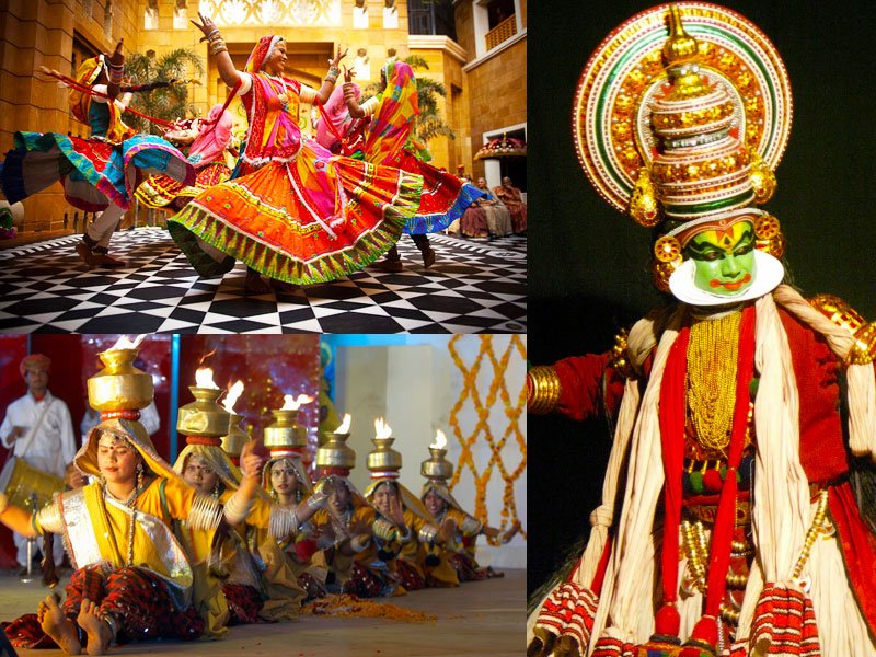 Traditional Indian folk dancers performing colorful cultural dances including Rajasthani folk dance, lamp dance, and Kathakali artist in India