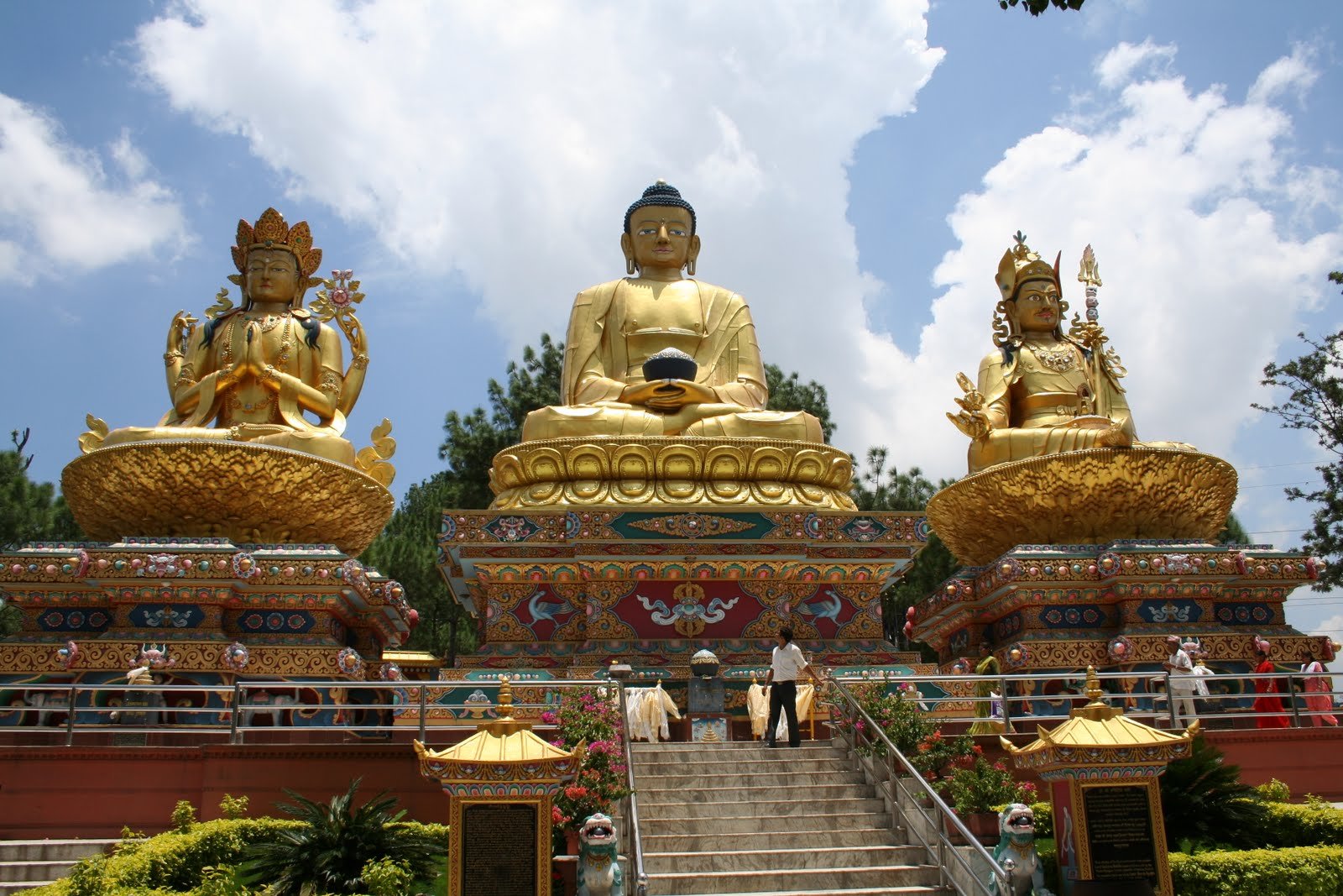 Golden Buddha and Bodhisattva statues at Buddha Park near Swayambhunath in Kathmandu, Nepal