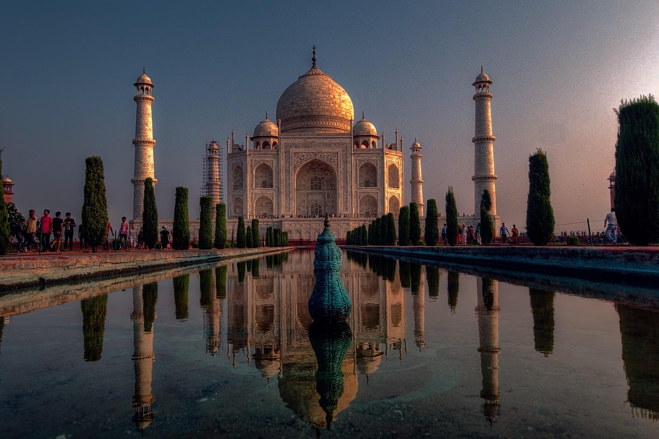 Taj Mahal in Agra India white marble monument with reflecting pool and gardens